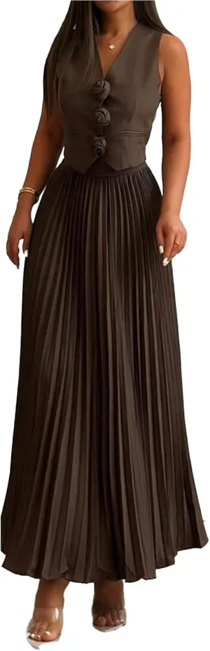 Molilove Womens 2 Piece Outfits Sleeveless Blazer Vest Pleated Midi Skirts Set Matching Suit Set Summer Casual Vest Skirt Set