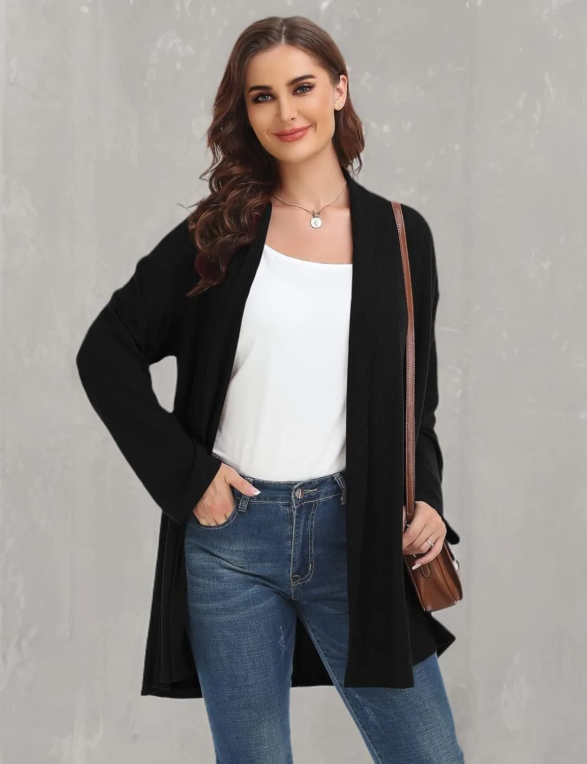 MONNURO Plus Size Cardigan for Women Open Front Casual Lightweight Long Sleeve Waffle Knit Cardigan for Fall