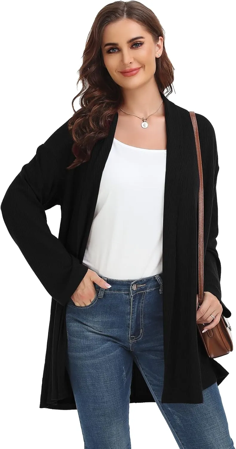 MONNURO Plus Size Cardigan for Women Open Front Casual Lightweight Long Sleeve Waffle Knit Cardigan for Fall