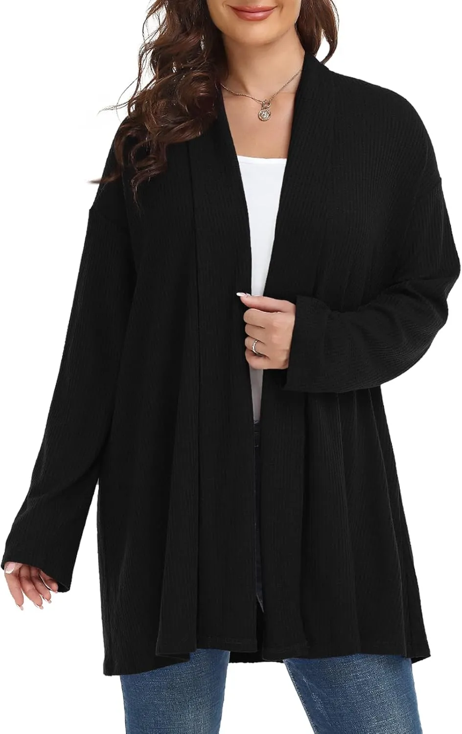 MONNURO Plus Size Cardigan for Women Open Front Casual Lightweight Long Sleeve Waffle Knit Cardigan for Fall
