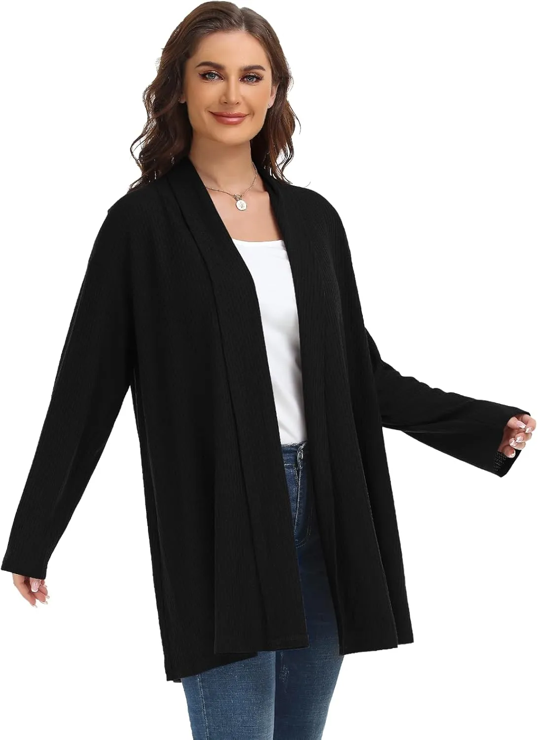 MONNURO Plus Size Cardigan for Women Open Front Casual Lightweight Long Sleeve Waffle Knit Cardigan for Fall