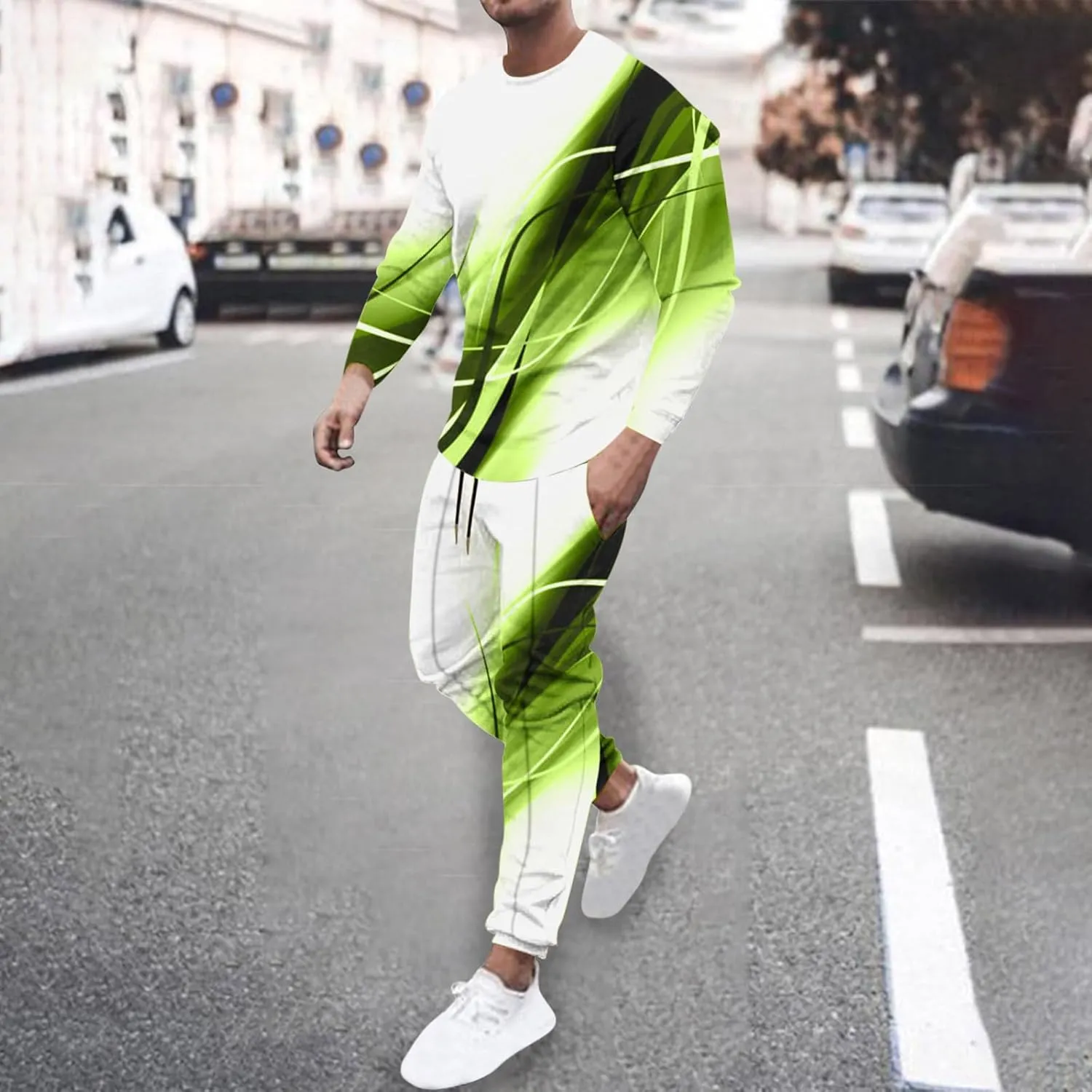 Muscularfit Men's Casual Active Tracksuits Sports Line Print Pullover Crewneck Sweatshirts Athletic Jogging 2 Piece Outfits