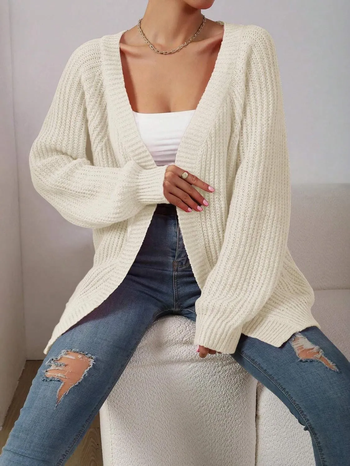 Narecte Womens Cardigan Sweaters Open Front Cardigan Ribbed Knit Women's Casual Long Sleeve Cardigan Fall Outwear