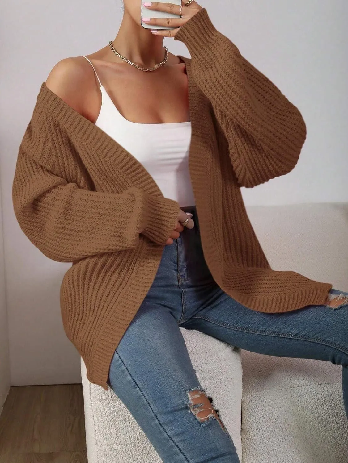 Narecte Womens Cardigan Sweaters Open Front Cardigan Ribbed Knit Women's Casual Long Sleeve Cardigan Fall Outwear