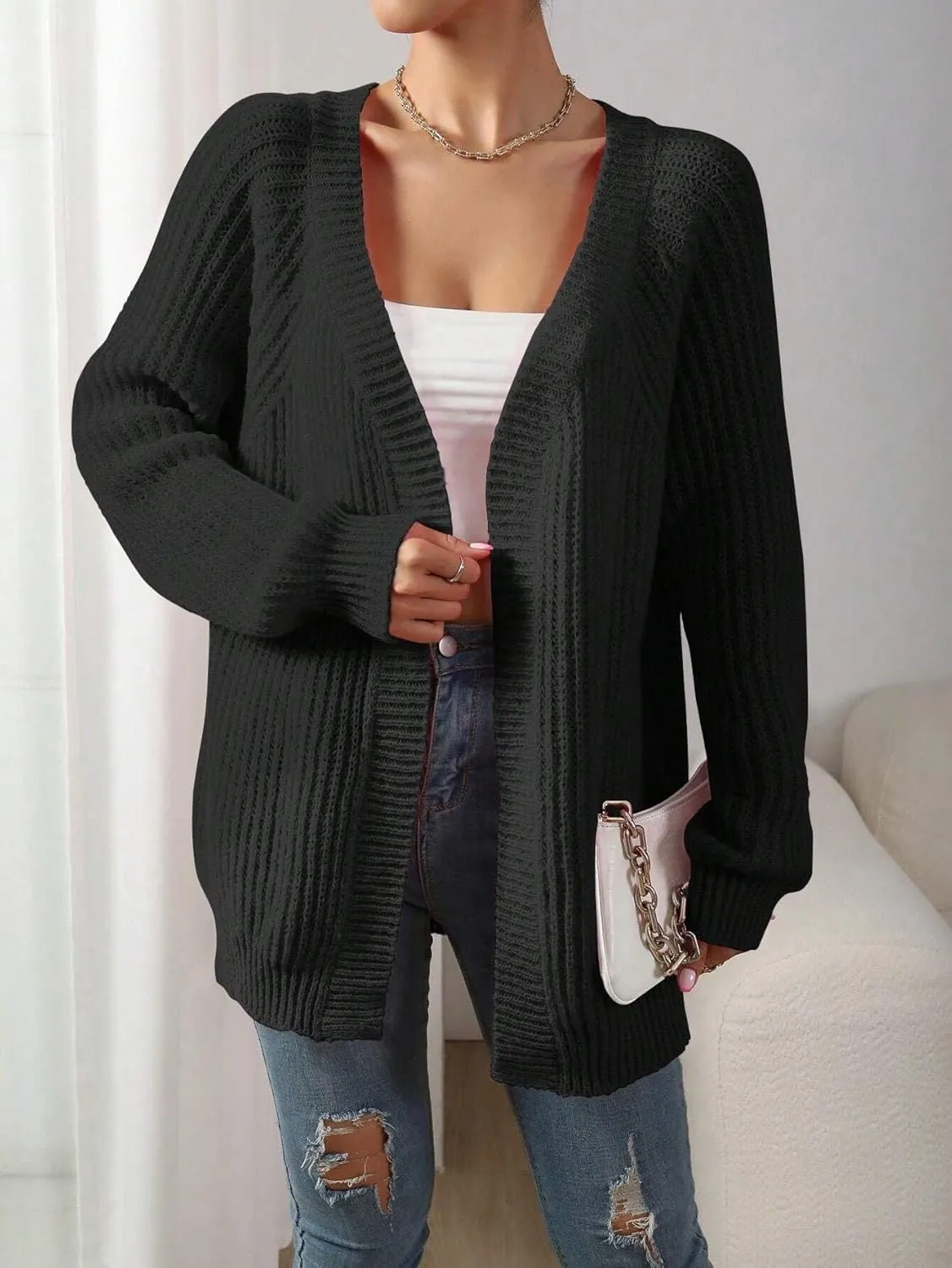 Narecte Womens Cardigan Sweaters Open Front Cardigan Ribbed Knit Women's Casual Long Sleeve Cardigan Fall Outwear