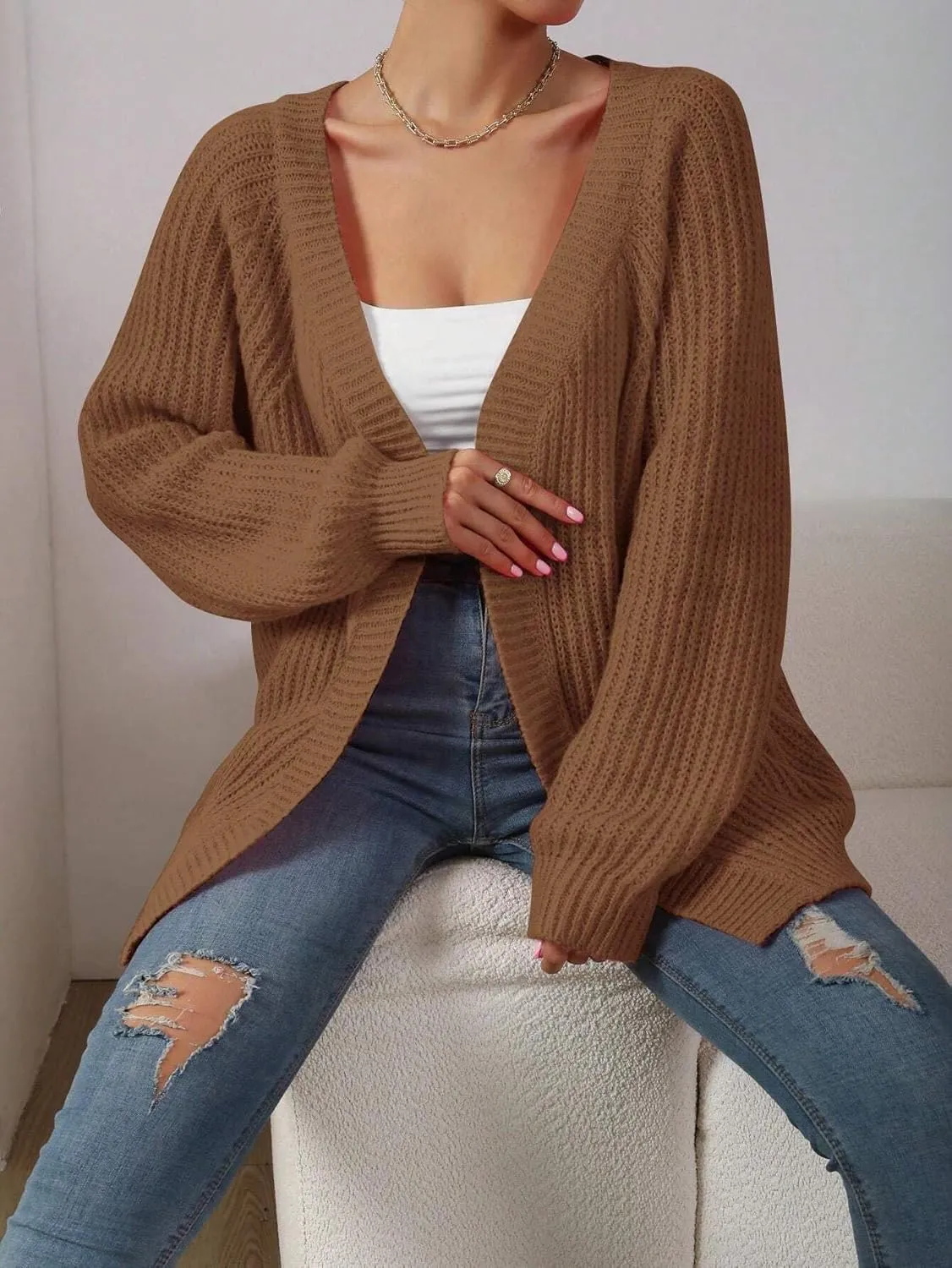 Narecte Womens Cardigan Sweaters Open Front Cardigan Ribbed Knit Women's Casual Long Sleeve Cardigan Fall Outwear