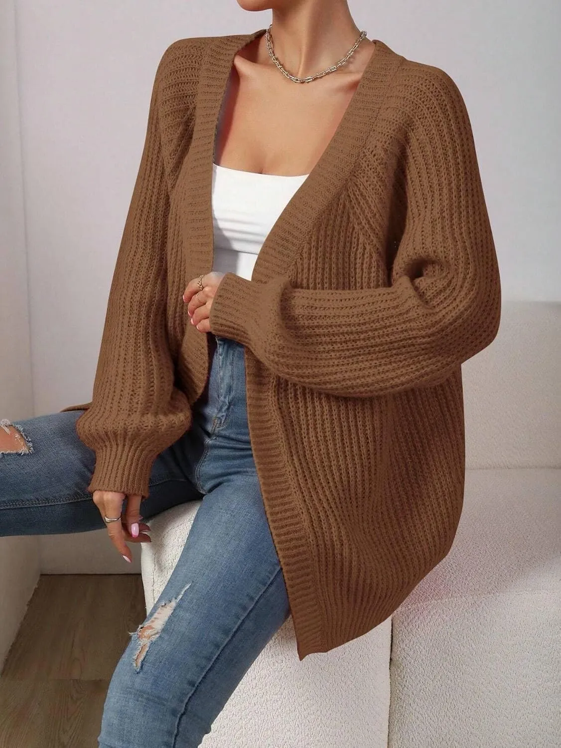 Narecte Womens Cardigan Sweaters Open Front Cardigan Ribbed Knit Women's Casual Long Sleeve Cardigan Fall Outwear