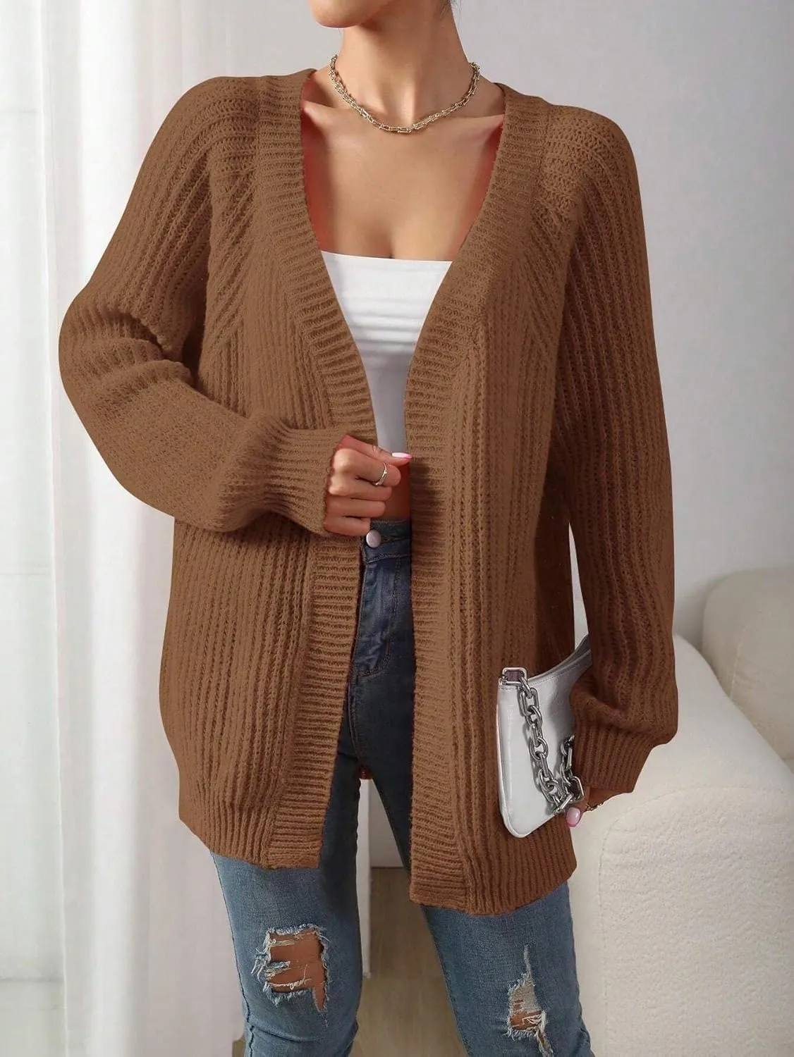 Narecte Womens Cardigan Sweaters Open Front Cardigan Ribbed Knit Women's Casual Long Sleeve Cardigan Fall Outwear