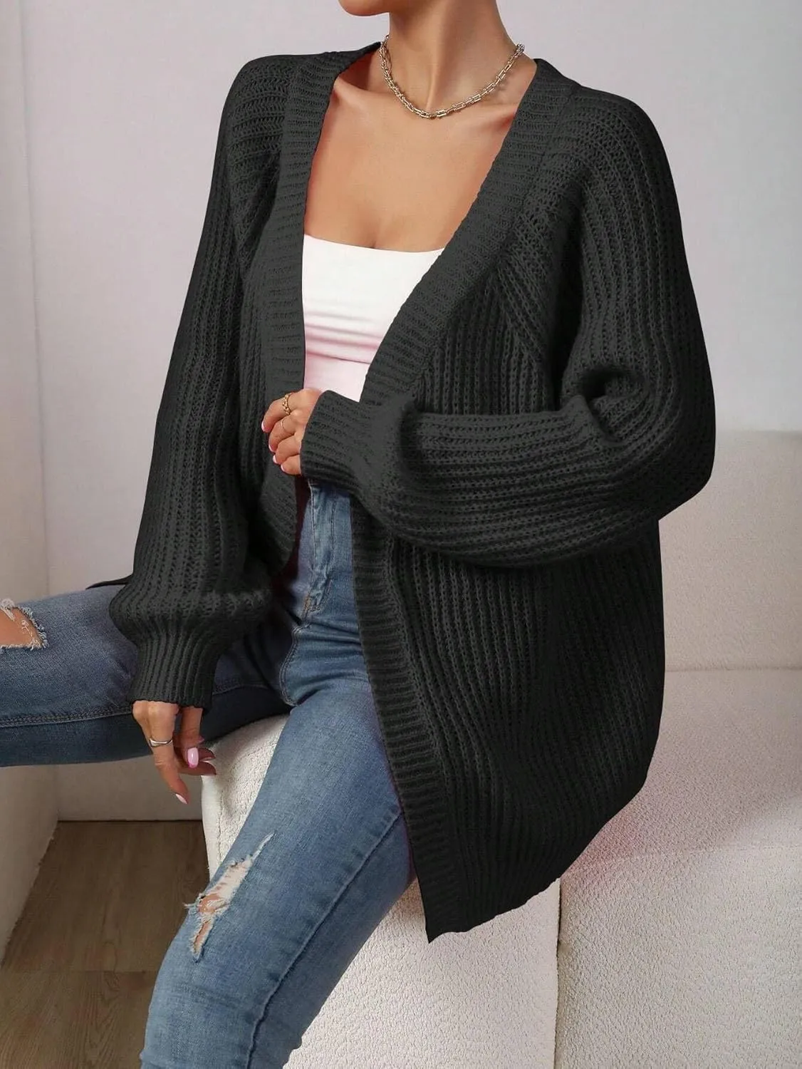Narecte Womens Cardigan Sweaters Open Front Cardigan Ribbed Knit Women's Casual Long Sleeve Cardigan Fall Outwear