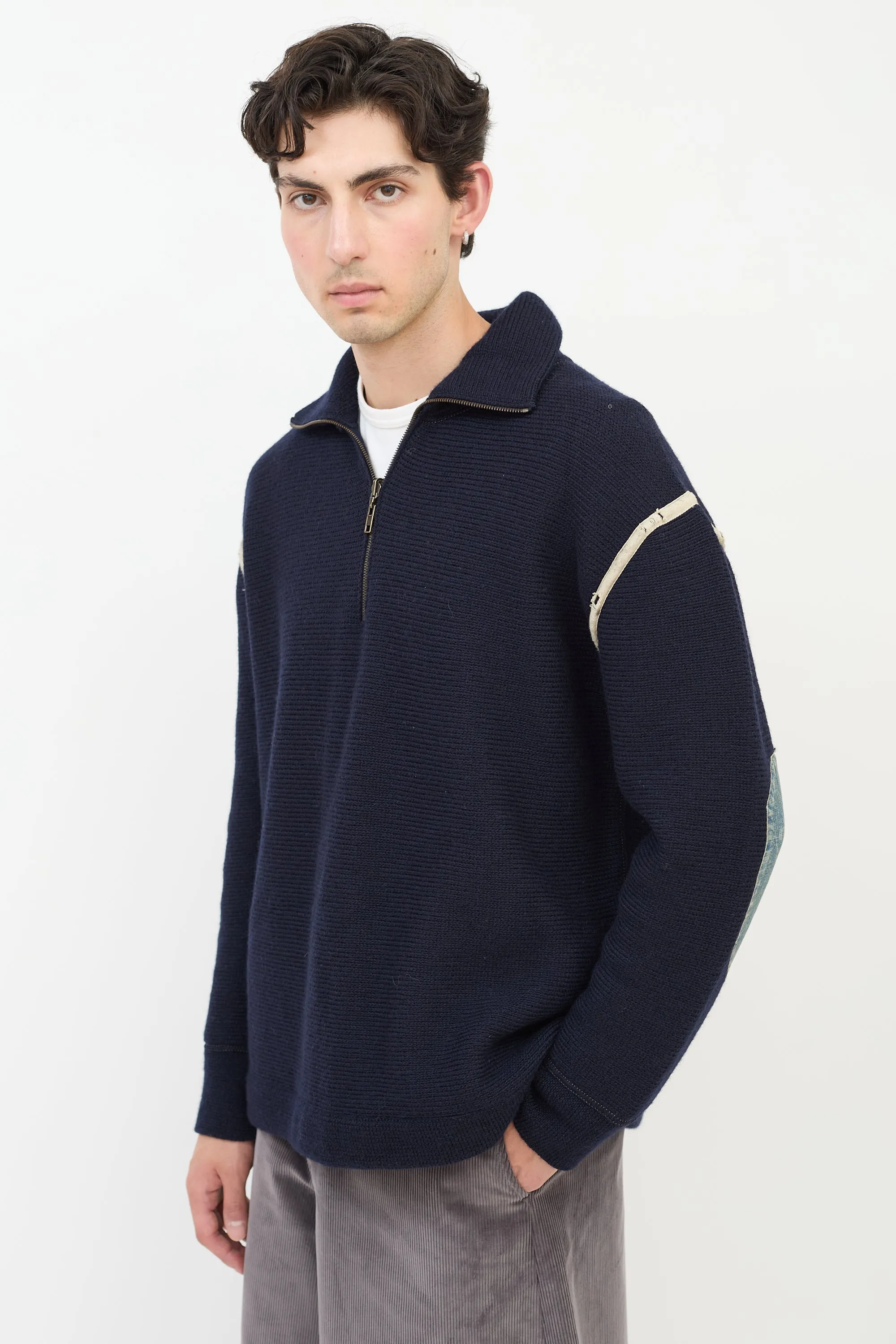 Navy Wool & Denim Elbow Patch Sweater