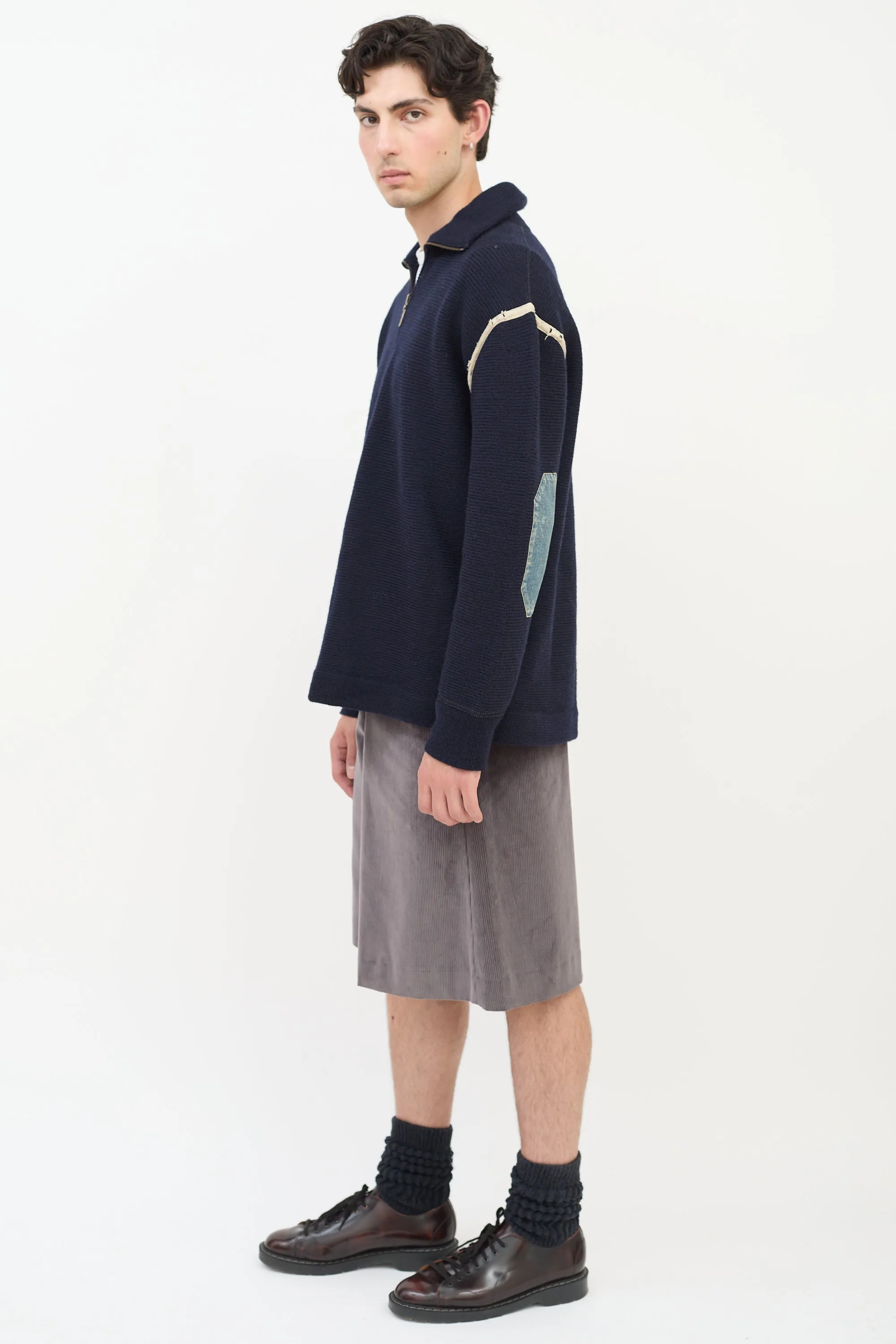Navy Wool & Denim Elbow Patch Sweater