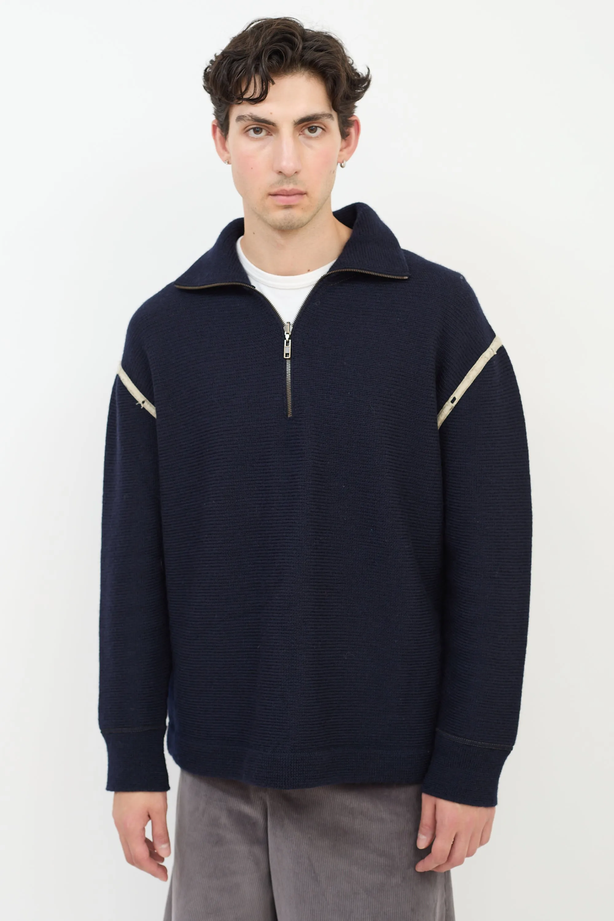 Navy Wool & Denim Elbow Patch Sweater