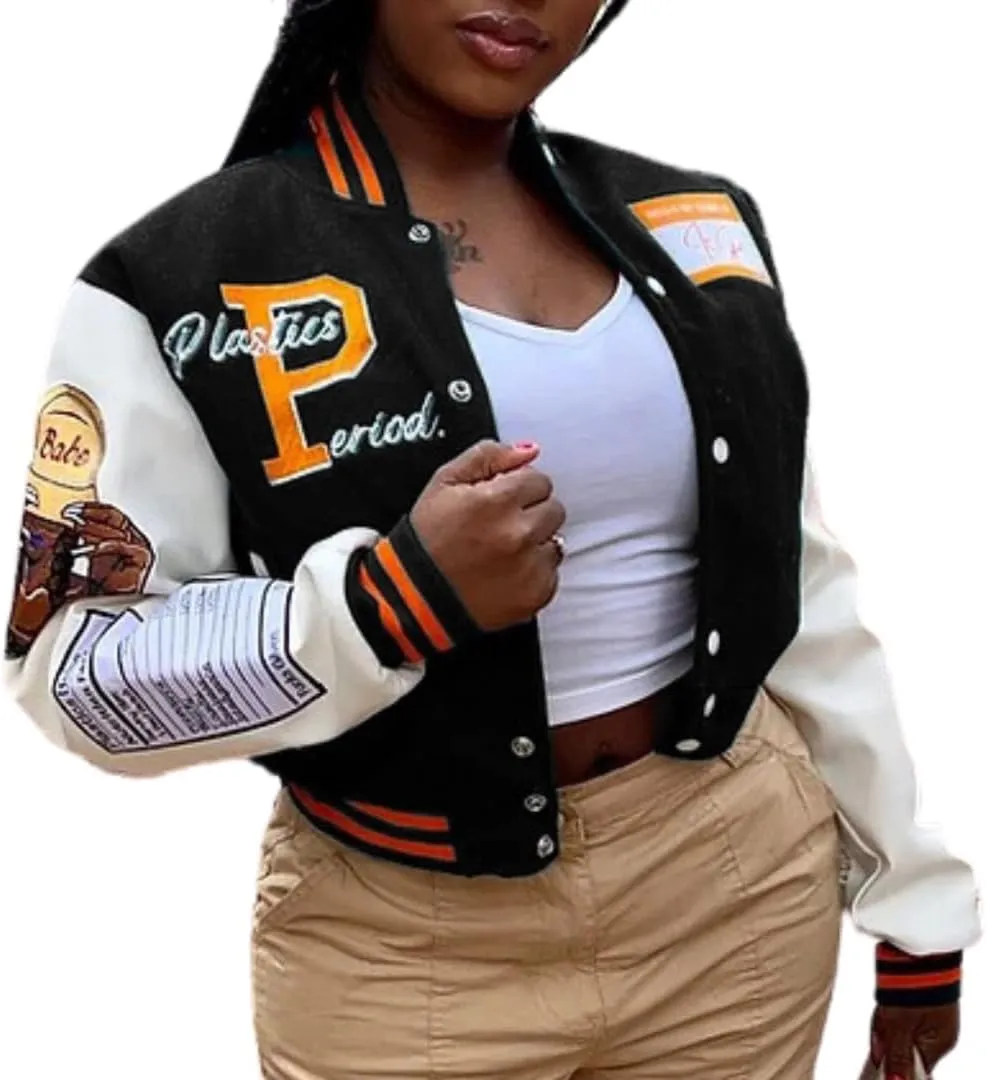 NIFTRIRY Varsity Jacket Women Patch Casual Jacket Cropped Jacket Leather Jacket Women Festival Outfits for Women
