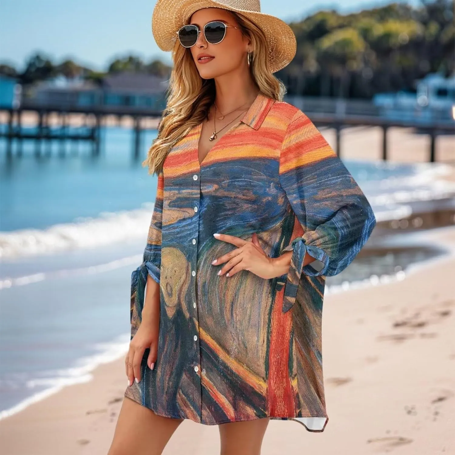 Oil Painting Printed Classic Hawaiian-Shirt Women's Casual Button Down 3/4 Sleeve Shirt Vacation Shirt