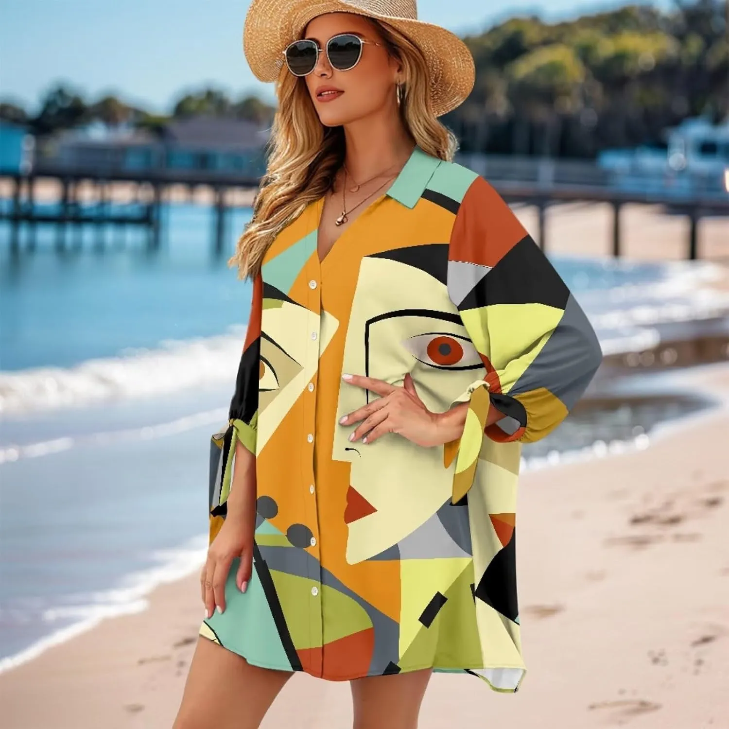 Oil Painting Printed Classic Hawaiian-Shirt Women's Casual Button Down 3/4 Sleeve Shirt Vacation Shirt