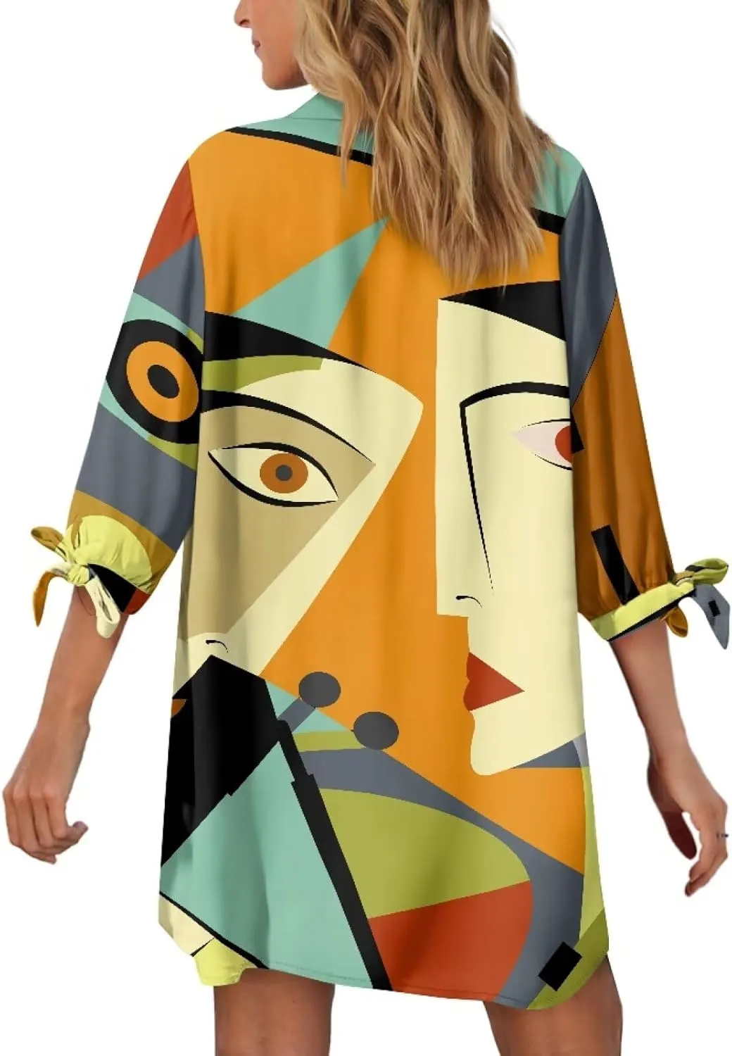 Oil Painting Printed Classic Hawaiian-Shirt Women's Casual Button Down 3/4 Sleeve Shirt Vacation Shirt