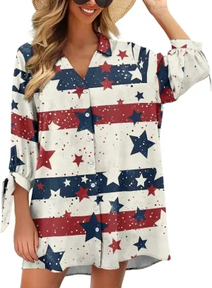 Oil Painting Printed Classic Hawaiian-Shirt Women's Casual Button Down 3/4 Sleeve Shirt Vacation Shirt