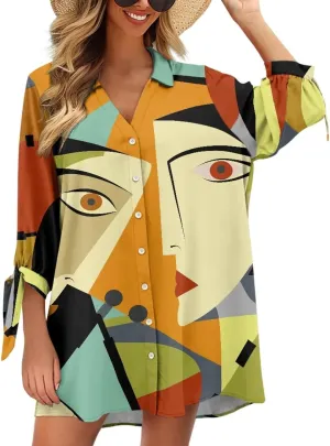 Oil Painting Printed Classic Hawaiian-Shirt Women's Casual Button Down 3/4 Sleeve Shirt Vacation Shirt