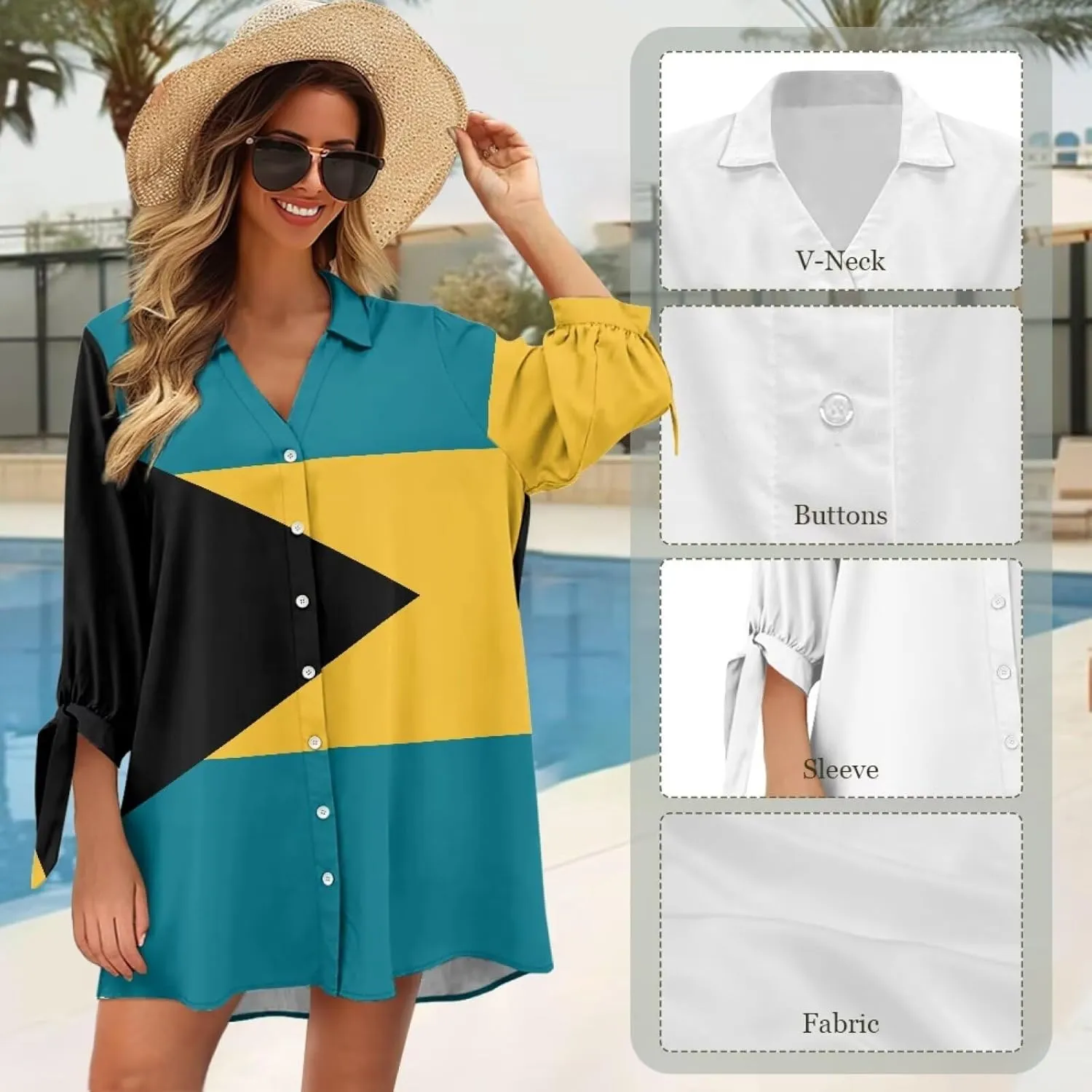 Oil Painting Printed Classic Hawaiian-Shirt Women's Casual Button Down 3/4 Sleeve Shirt Vacation Shirt
