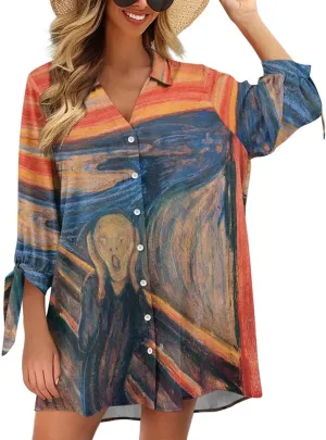 Oil Painting Printed Classic Hawaiian-Shirt Women's Casual Button Down 3/4 Sleeve Shirt Vacation Shirt
