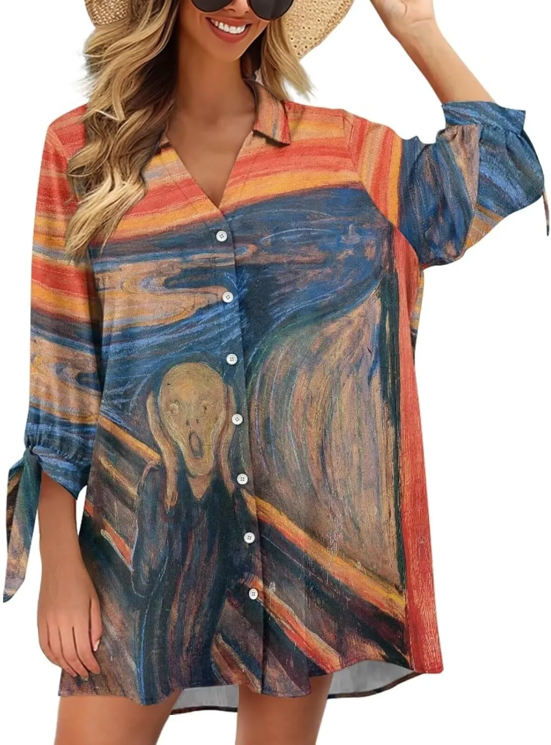 Oil Painting Printed Classic Hawaiian-Shirt Women's Casual Button Down 3/4 Sleeve Shirt Vacation Shirt