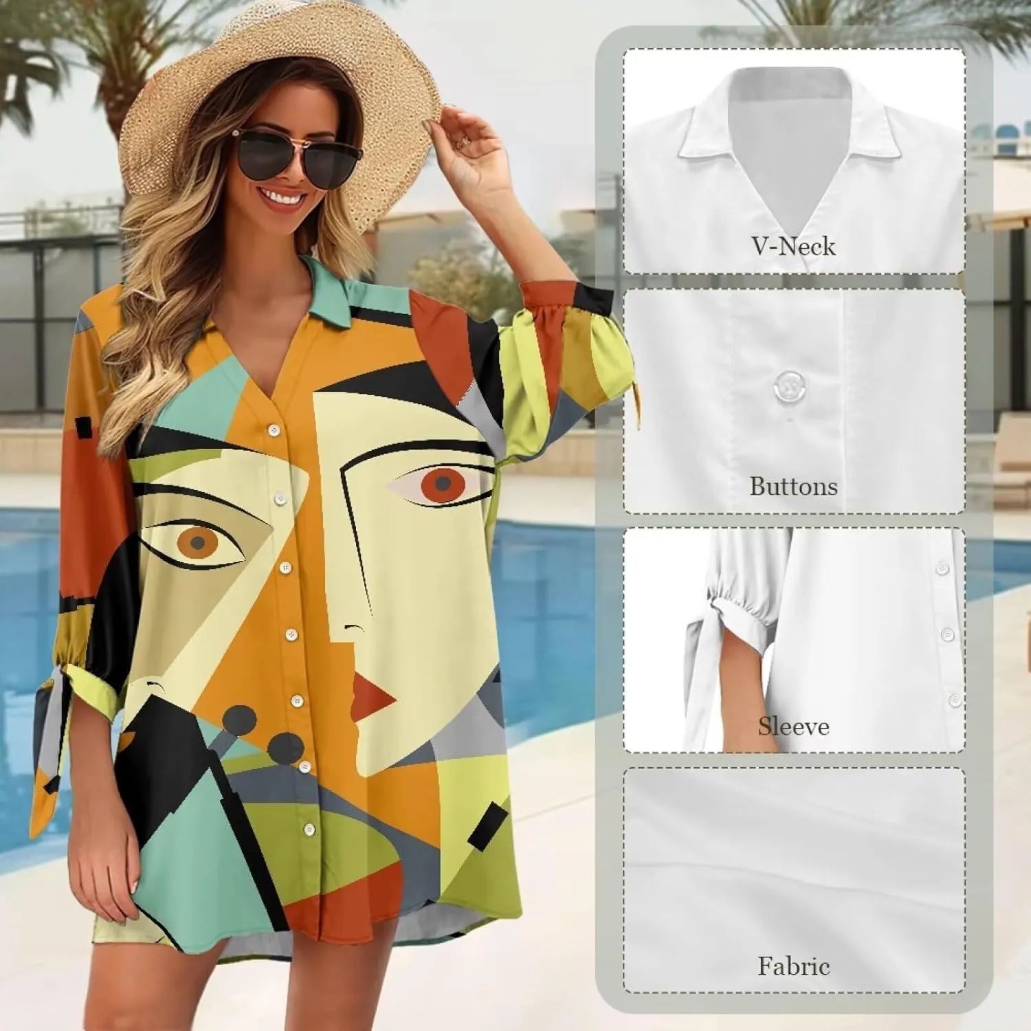 Oil Painting Printed Classic Hawaiian-Shirt Women's Casual Button Down 3/4 Sleeve Shirt Vacation Shirt