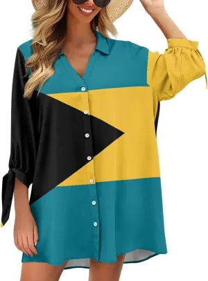 Oil Painting Printed Classic Hawaiian-Shirt Women's Casual Button Down 3/4 Sleeve Shirt Vacation Shirt