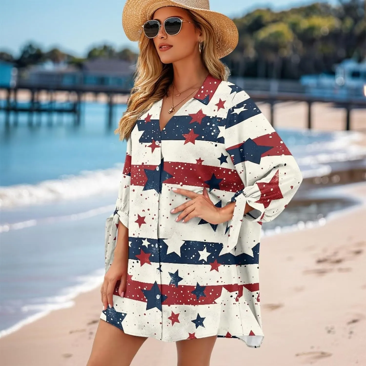 Oil Painting Printed Classic Hawaiian-Shirt Women's Casual Button Down 3/4 Sleeve Shirt Vacation Shirt