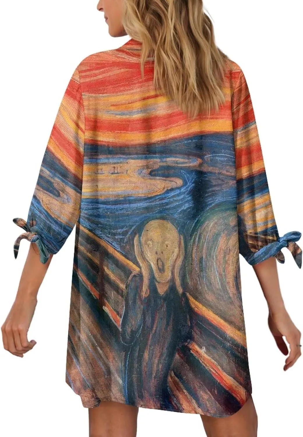 Oil Painting Printed Classic Hawaiian-Shirt Women's Casual Button Down 3/4 Sleeve Shirt Vacation Shirt