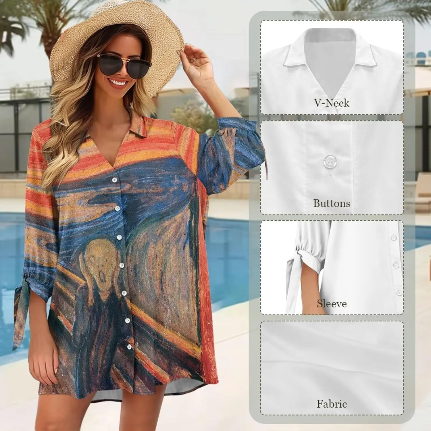 Oil Painting Printed Classic Hawaiian-Shirt Women's Casual Button Down 3/4 Sleeve Shirt Vacation Shirt