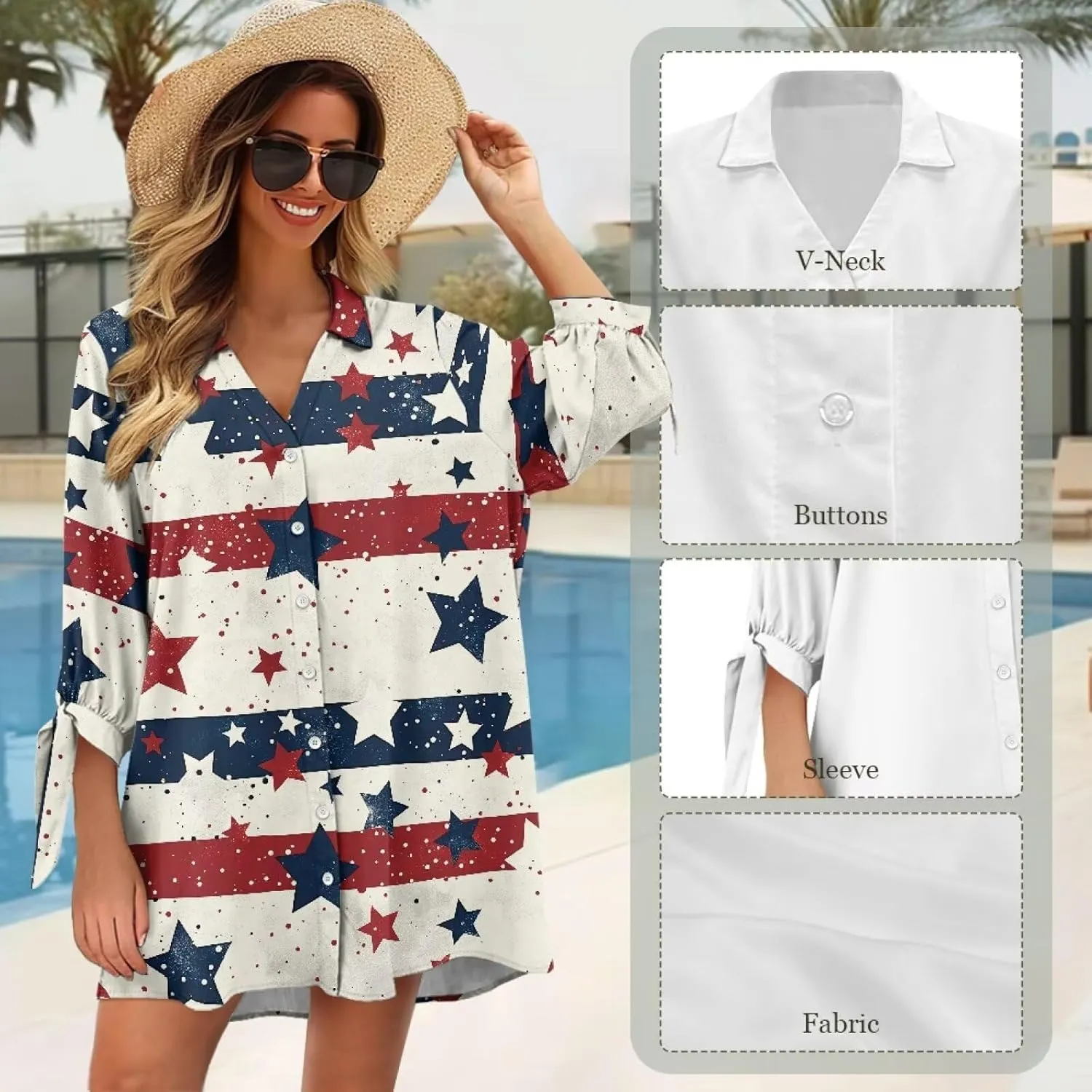 Oil Painting Printed Classic Hawaiian-Shirt Women's Casual Button Down 3/4 Sleeve Shirt Vacation Shirt