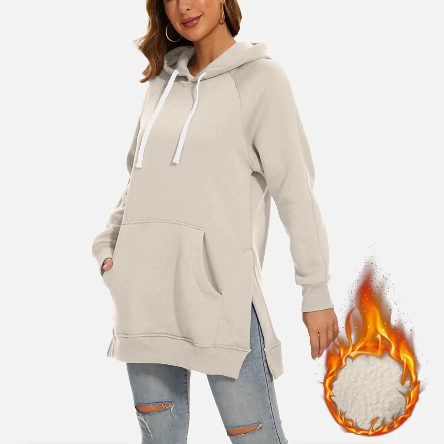 Oversized Hoodie Dress for Women Casual Drawstring Long Warmy Sweatshirt with Pockets Fashion Split Hem Long Sleeve