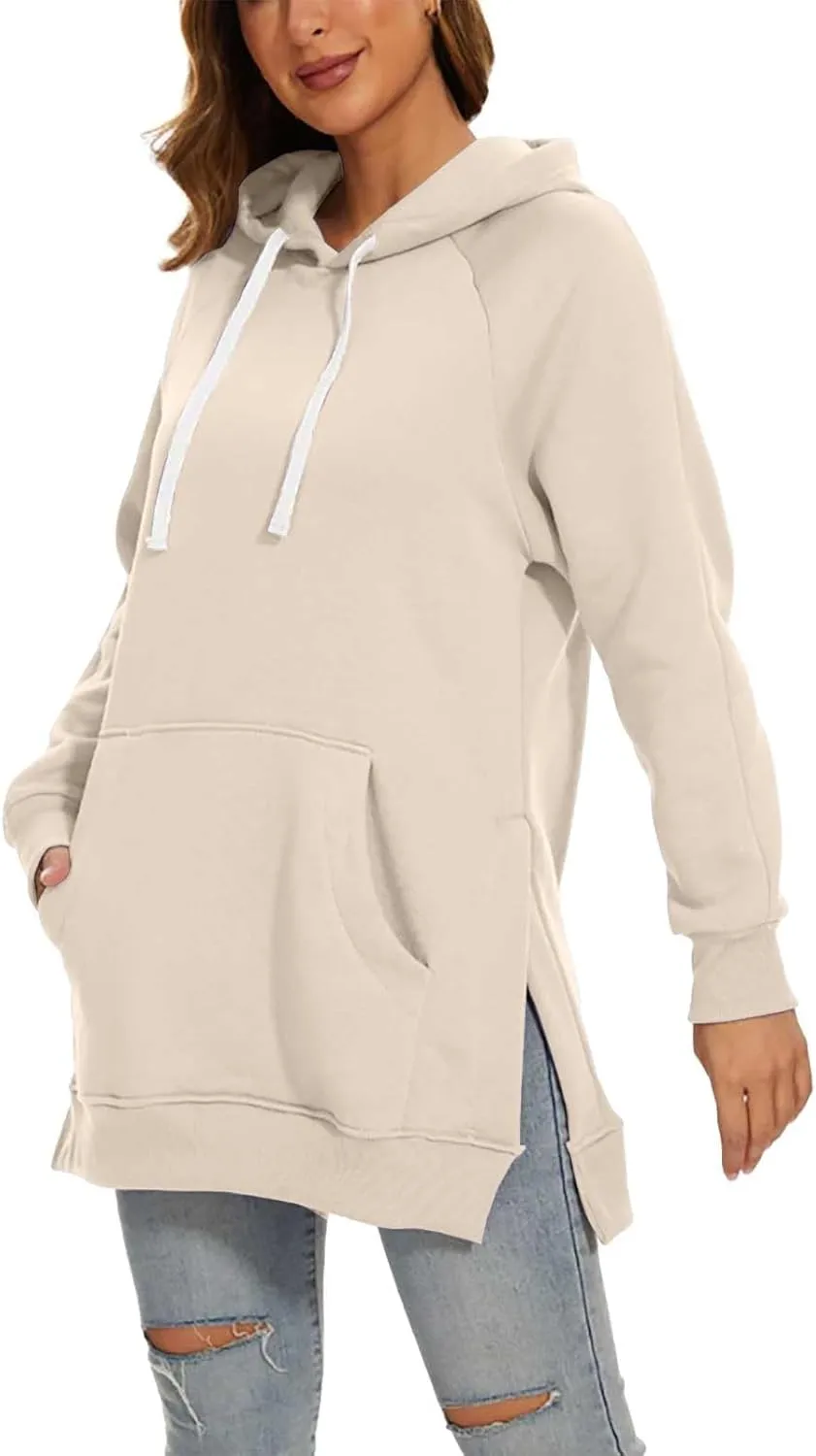 Oversized Hoodie Dress for Women Casual Drawstring Long Warmy Sweatshirt with Pockets Fashion Split Hem Long Sleeve