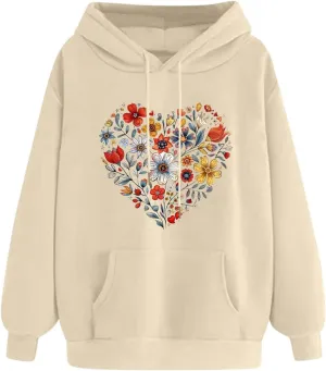 Oversized Sweatshirt for Women Heart Print Hoodie Cute Long Sleeve Sweatshirts Fleece Lined Hoodies with Pocket for Teen
