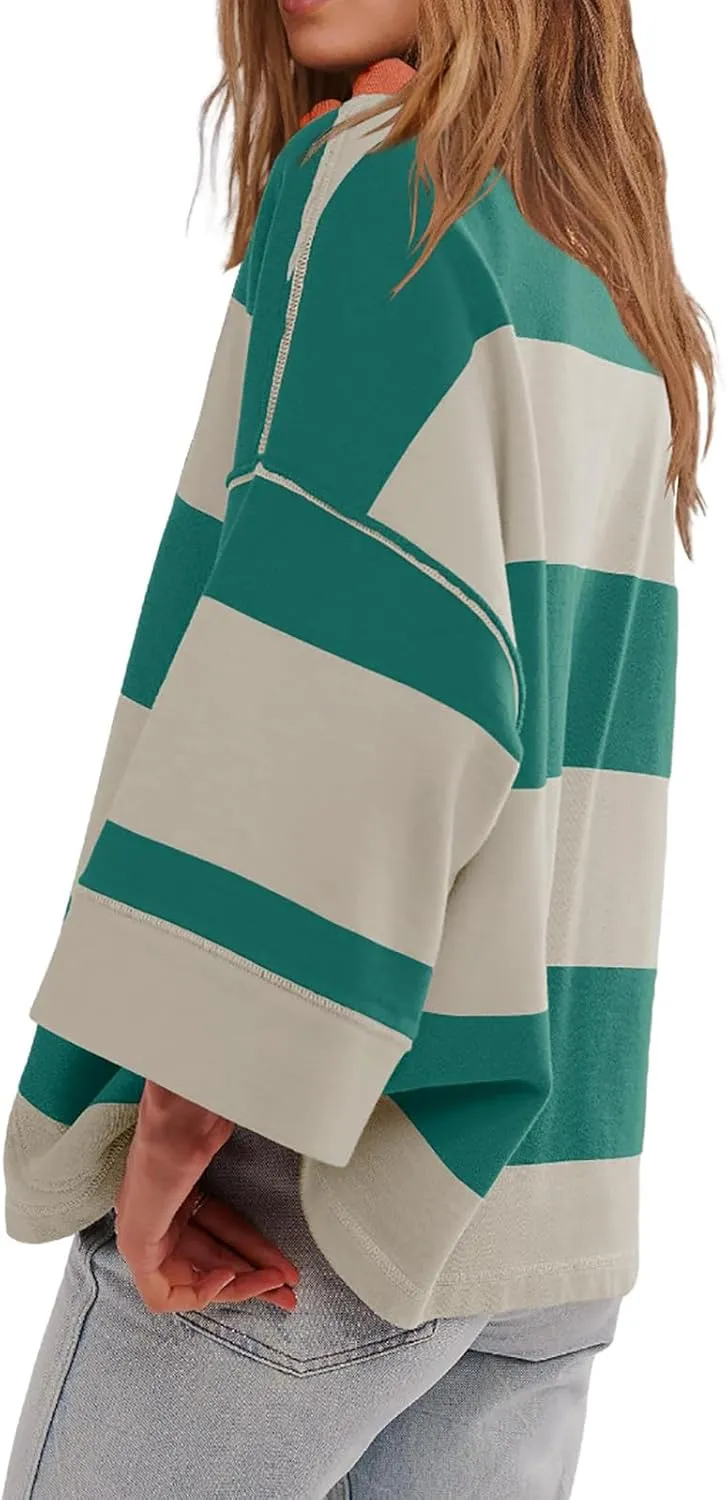 Oversized Sweatshirt Long Sleeve Half Zip Casual Tops for Women V Neck Striped Colour Block 2024 Fashion Fall Sweater