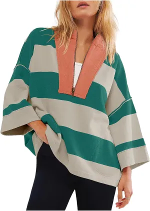 Oversized Sweatshirt Long Sleeve Half Zip Casual Tops for Women V Neck Striped Colour Block 2024 Fashion Fall Sweater