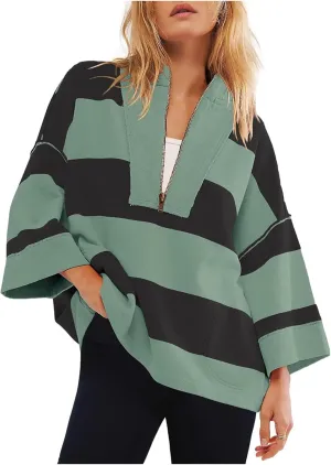 Oversized Sweatshirt Long Sleeve Half Zip Casual Tops for Women V Neck Striped Colour Block 2024 Fashion Fall Sweater
