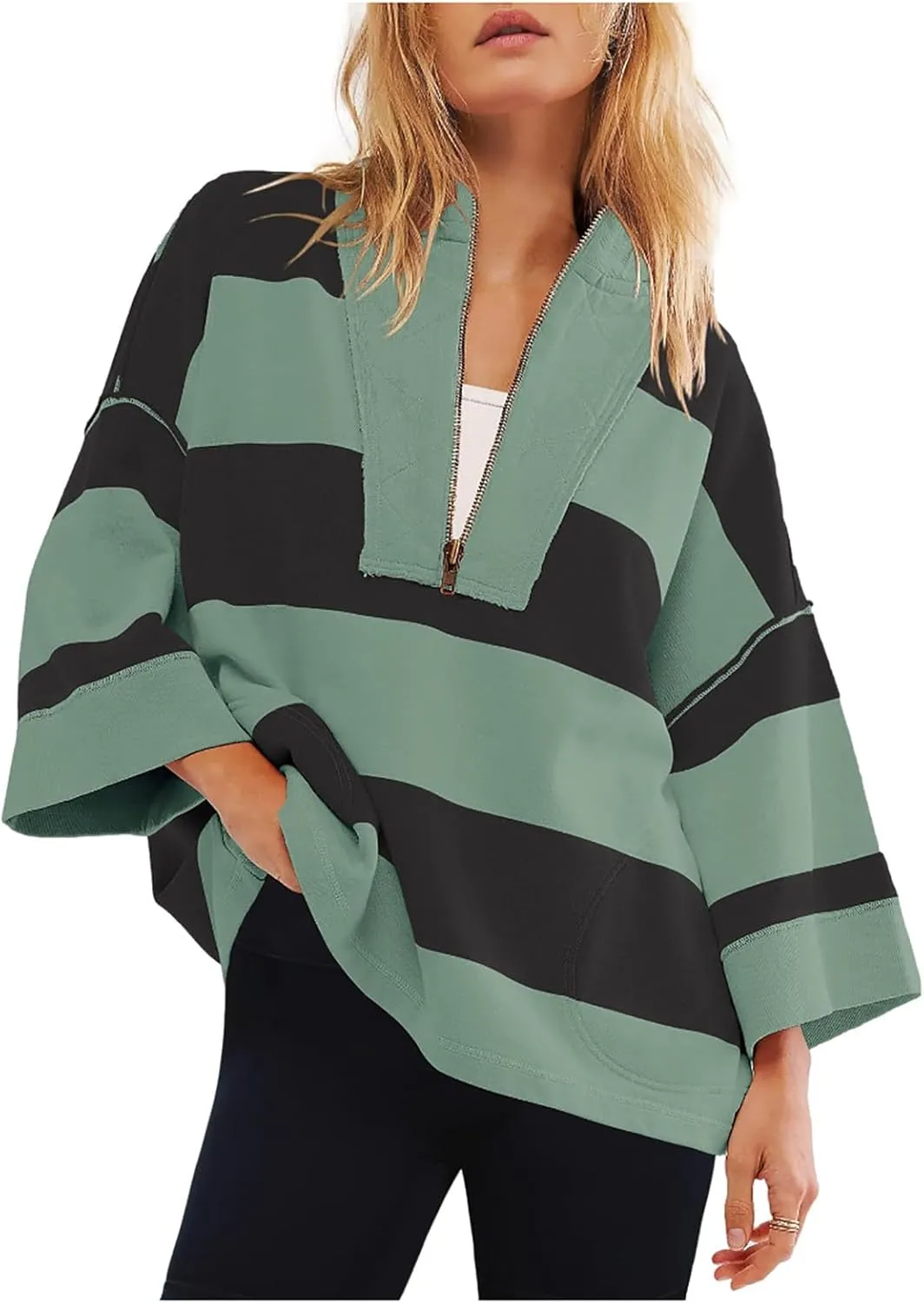 Oversized Sweatshirt Long Sleeve Half Zip Casual Tops for Women V Neck Striped Colour Block 2024 Fashion Fall Sweater