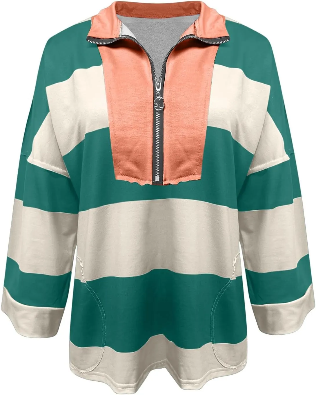 Oversized Sweatshirt Long Sleeve Half Zip Casual Tops for Women V Neck Striped Colour Block 2024 Fashion Fall Sweater