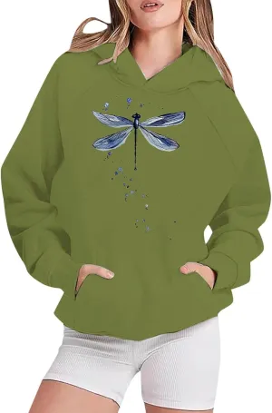 Oversized Sweatshirt Women's Hoodies Sweatshirts Long Sleeve Dragonfly Graphic Shirts Pullover Tops with Pocket Fall Teens Preppy Clothes Pink Pom Puff Hoodie Green Large