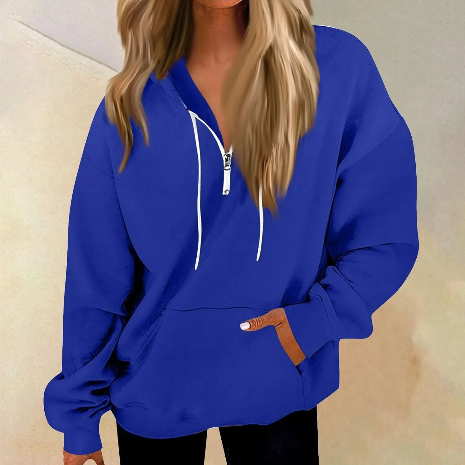 Oversized Zip Up Hoodie Women Fleece Quarter Zip Pullover Sweatshirts Casual Long Sleeve Top Fall Clothes w/Pockets