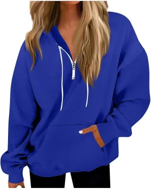 Oversized Zip Up Hoodie Women Fleece Quarter Zip Pullover Sweatshirts Casual Long Sleeve Top Fall Clothes w/Pockets
