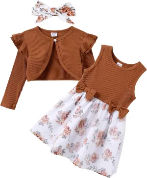 PATPAT Toddler Baby Girls Dress and Cardigan Mesh Sleeveless Playwear Dress and Ruffle Shrug with Headband