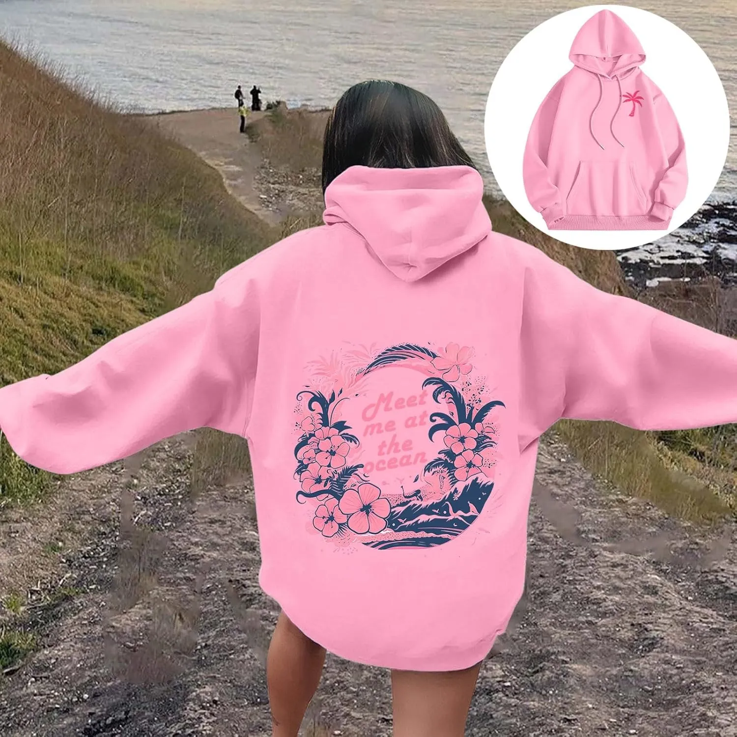 Pink Graphic Hoodie for Women Cute Preppy Sweatshirt Long Sleeve Pink Puff Graphic Pullover for Teen Girls