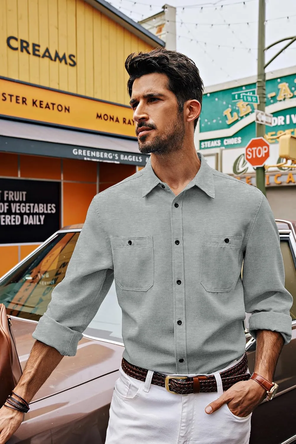 PJ PAUL JONES Men's Button up Shirt Casual Long Sleeve Shirt Wrinkle Free Beach Shirt with Pockets