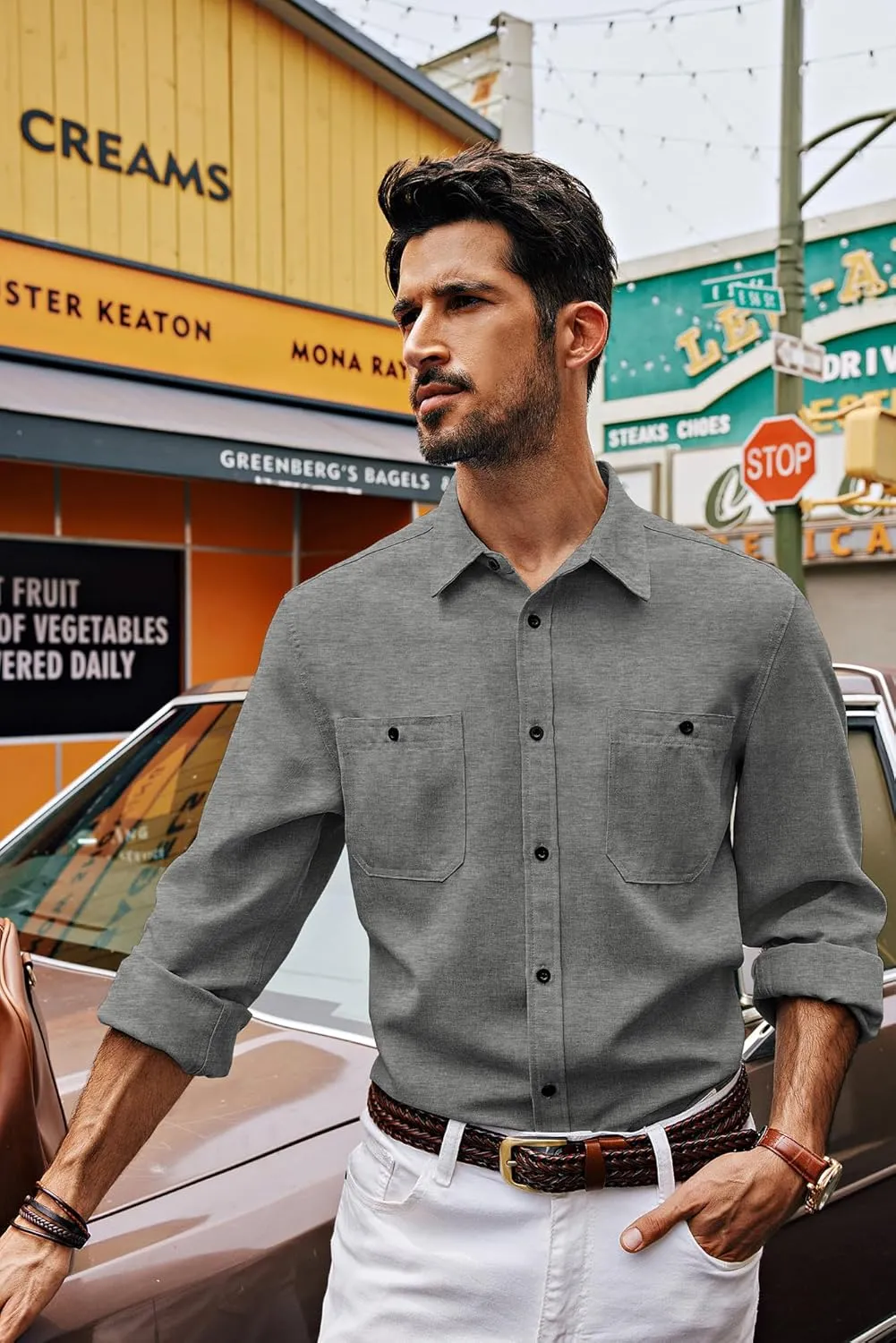 PJ PAUL JONES Men's Button up Shirt Casual Long Sleeve Shirt Wrinkle Free Beach Shirt with Pockets