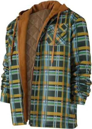 Plaid Jacket Mens Hooded Quilted Lined Flannel Shirt Jacket Long Sleeve Full Zip Jackets Winter Thick Warm Coat