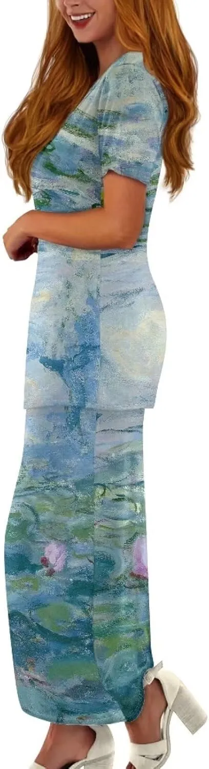 Plus Size Long Skirt Dress Set Oil Painting Printed Sleeve Top and High Waist Maxi Skirt Set Women's 2 Piece Set