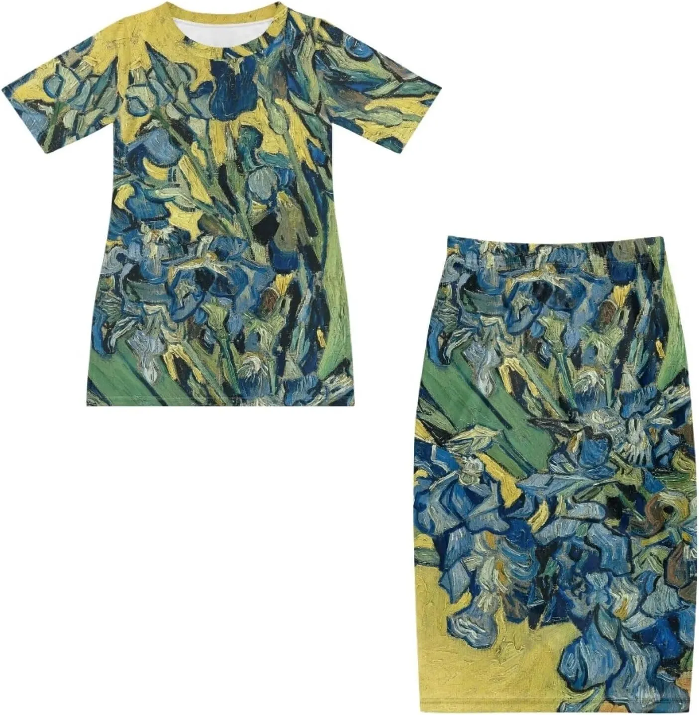 Plus Size Long Skirt Dress Set Oil Painting Printed Sleeve Top and High Waist Maxi Skirt Set Women's 2 Piece Set