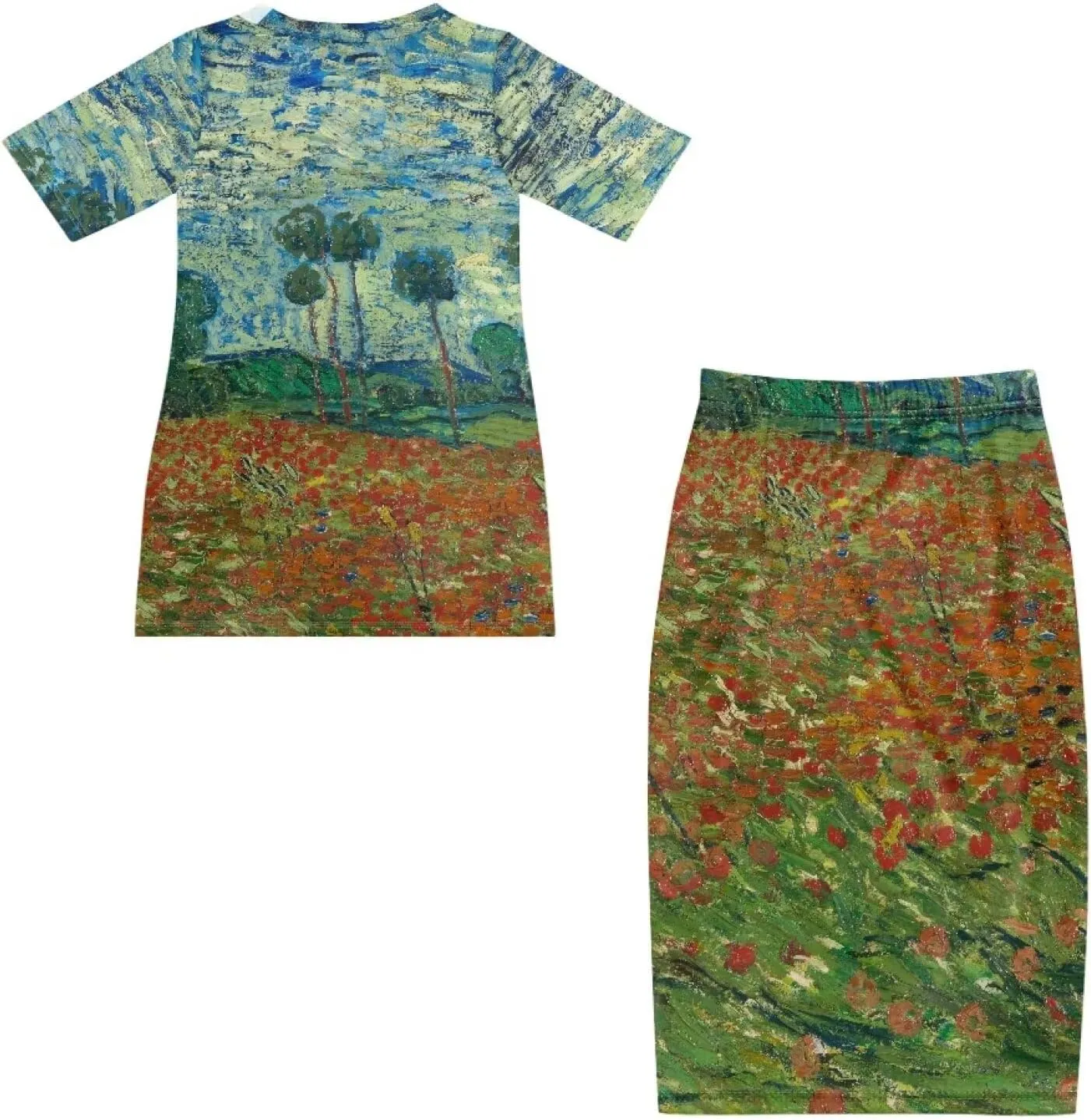 Plus Size Long Skirt Dress Set Oil Painting Printed Sleeve Top and High Waist Maxi Skirt Set Women's 2 Piece Set